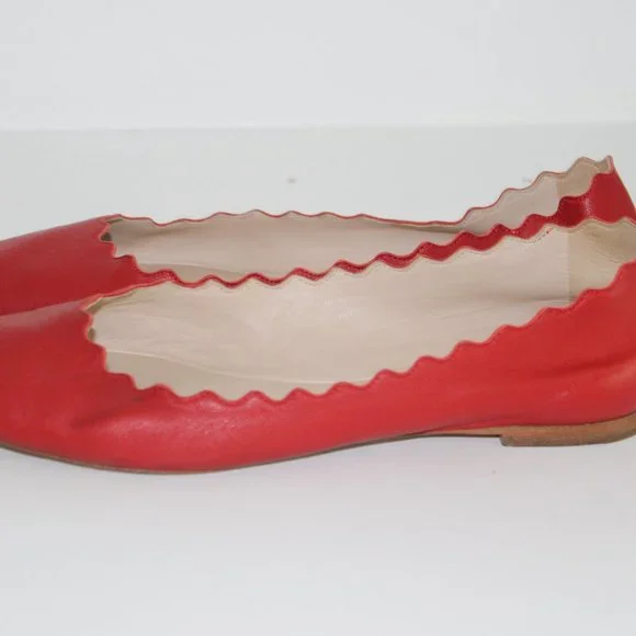 Chloe Lauren Scalloped Leather Ballet Flats, Red Leather Shoes sz 37 7 - Picture 6 of 7